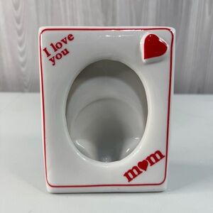 I Love You Mom” Picture Frame Red Heart Oval Photo Holder‎ Vintage Ceramic 5"